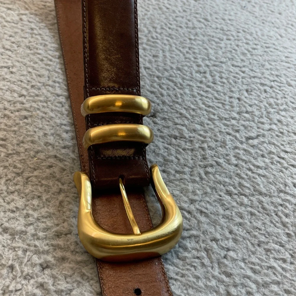 VTG Brighton Leather Belt Size M Brown Gold Buckle USA Made Chunky Double Keeper